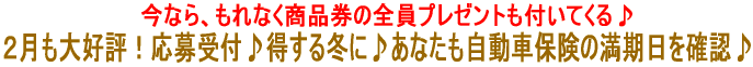 2月も大好評!応募受付♪得する冬に♪あなたも自動車保険の満期日を確認♪